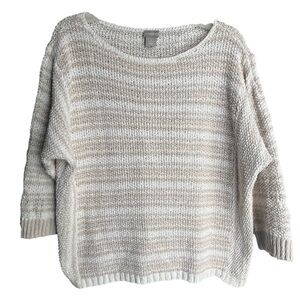Chicos Dolman 3/4 Sleeve Pullover Sweater Cotton Linen White Beige Stripe Size 3